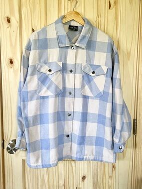HFX Light Blue & White Buffalo Plaid Check Shacket with Snap Front Size Large